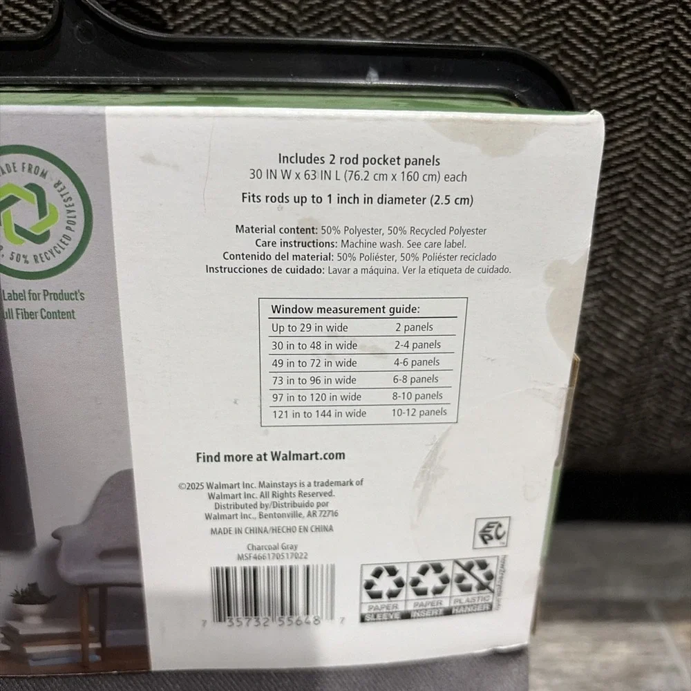 Mainstays Curtain Pair Blackout Charcoal Gray Rod Pocket 30x63 NWT Modern 2pk